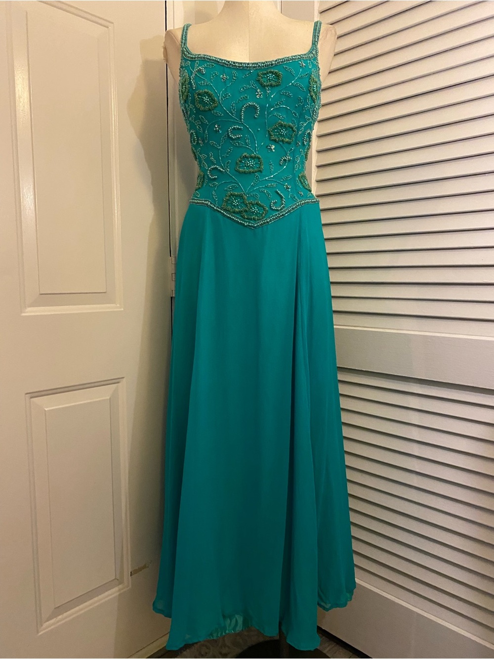 Vintage 1990’s “Alyce Designs”Beaded Teal Spaghetti-Strap Prom Gown- Size 14